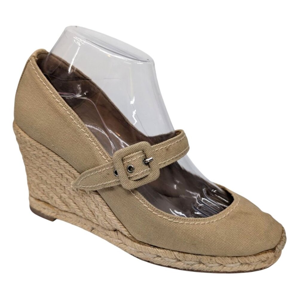 Christian Louboutin Mallorca Espadrille Pump Womens Tan Canvas Wedge Heel Sz 9.5